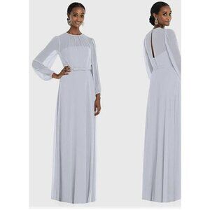 New Dessy Collection Size 6 Chiffon Belted Long Sleeve Dress 3098 Silver Dove